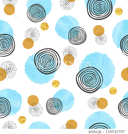 Seamless dotted pattern with blue watercolor circles. Vector abstract background 134532707