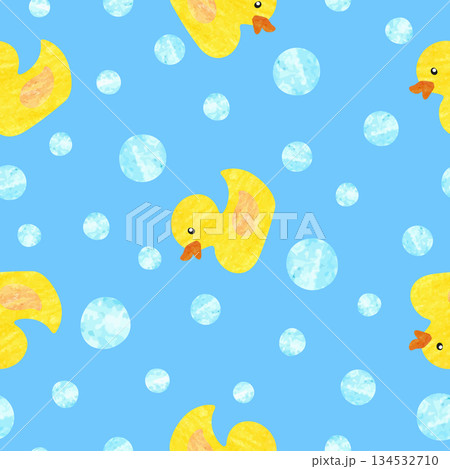 Yellow rubber ducks and bubbles vector illustration. Seamless pattern 134532710