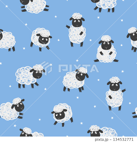 Seamless pattern with cute white sheep on blue. Vector kids background with little lambs 134532771