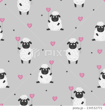 Seamless pattern with cute sheep and hearts. Baby print 134532772