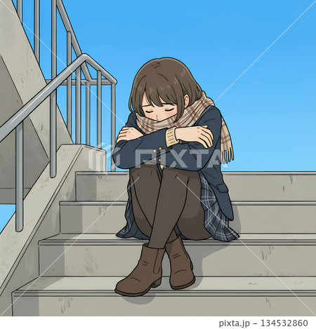 階段に座って悩む女子高生 134532860