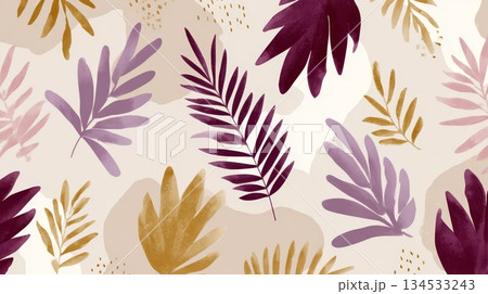 Abstract botanical pattern with colorful palm leaves on beige background Abstract botanical pattern with colorful palm leaves on beige background 134533243