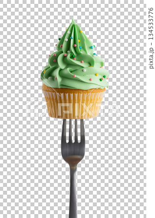 Delicious cupcake with vibrant green frosting and colorful sprinkles speared on a fork, against transparent background Delicious cupcake with vibrant green frosting and colorful sprinkles speared on a fork, against transparent background 134533776