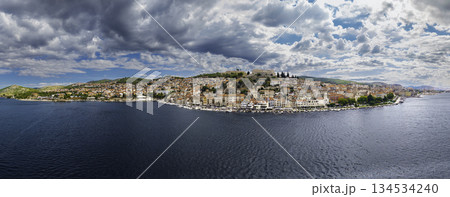 Sibenik old town panorama with St Michaels Fortress above Adriatic port under summer clouds Croatia Sibenik old town panorama with St Michaels Fortress above Adriatic port under summer clouds Croatia 134534240