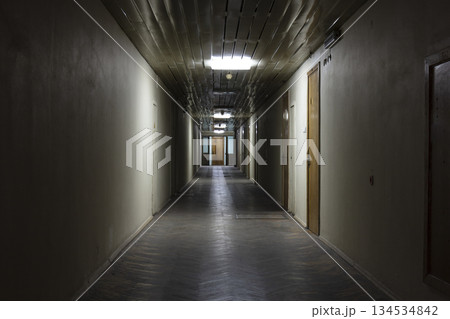 Long dark corridor in an old industrial building Long dark corridor in an old industrial building 134534842