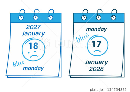 Calendar Pages with Blue Monday Date in January 2027 and 2028 18th and 17th with Sad smiley and Text. Set Isolated Vector illustration Blue Monday Greeting Thematic Cards Design Poster Banner leaflet Calendar Pages with Blue Monday Date in January 2027 and 2028 18th and 17th with Sad smiley and Text. Set Isolated Vector illustration Blue Monday Greeting Thematic Cards Design Poster Banner leaflet 134534883