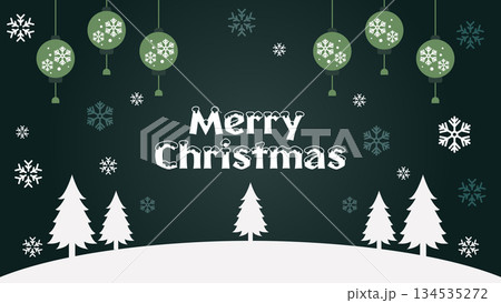 Festive banner illustration for Christmas, featuring white typography, pine trees, and falling snowflakes on a dark green background. Festive banner illustration for Christmas, featuring white typography, pine trees, and falling snowflakes on a dark green background. 134535272