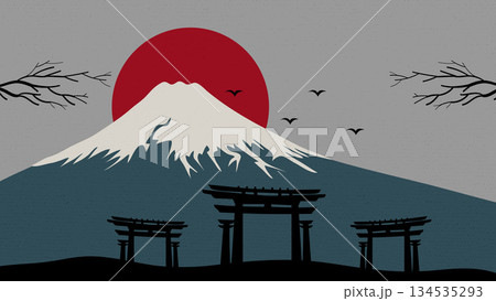Japanese Landscape Mountain Fuji, Gates and Sun Banner Poster Background Illustration. Japanese Landscape Mountain Fuji, Gates and Sun Banner Poster Background Illustration. 134535293