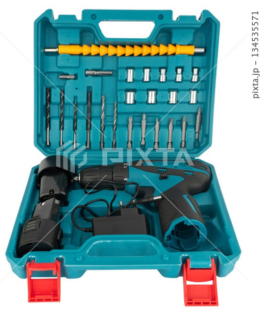 Case with Screwdriver and accessories and batteries, on white background in insulation Case with Screwdriver and accessories and batteries, on white background in insulation 134535571