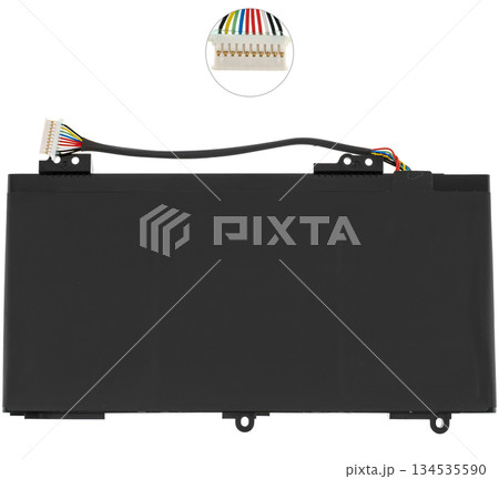 Laptop battery top view, on white background in insulation 134535590
