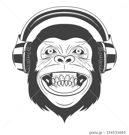 Monkey Face With Headphones. Music Monkey Portrait In Black and White Line Art. Grinning Monkey Head Mascot Logo for DJ, Club, Podcast, Streaming, Gamer, Audio Designs. Vector Illustration 134535665