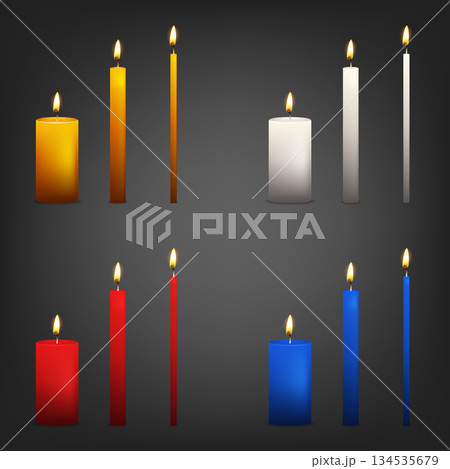 Vector 3d Multicolor Candle Set. Realistic Candles, Blue Red White and Gold Candles with Flame on Dark Background. Holiday Candle Decor Collection for Seasonal Lighting Design Vector 3d Multicolor Candle Set. Realistic Candles, Blue Red White and Gold Candles with Flame on Dark Background. Holiday Candle Decor Collection for Seasonal Lighting Design 134535679