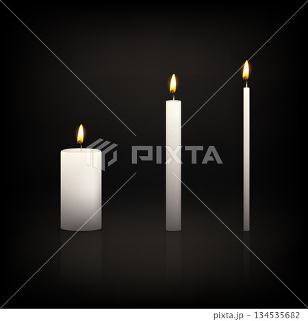 Vector 3d White Candle Set. Realistic Candles, Pillar, Taper Candles with Flame on Dark Background. Minimal Candle Decor for Holiday Lighting, Meditation Vector 3d White Candle Set. Realistic Candles, Pillar, Taper Candles with Flame on Dark Background. Minimal Candle Decor for Holiday Lighting, Meditation 134535682