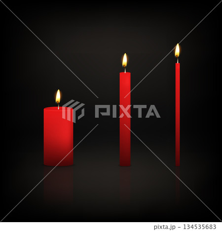 Vector 3d Red Candle Set. Realistic Candles, Pillar, Taper Candles with Flame on Dark Background. Minimal Candle Decor for Holiday Lighting, Meditation 134535683