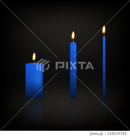 Vector 3d Blue Candle Set. Realistic Candles, Pillar, Taper Candles with Flame on Dark Background. Minimal Candle Decor for Holiday Lighting, Meditation 134535743