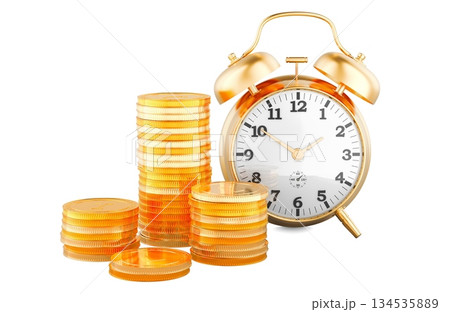 Gold coins and alarm clock. Time is money and savings, concept. 3D rendering Gold coins and alarm clock. Time is money and savings, concept. 3D rendering 134535889