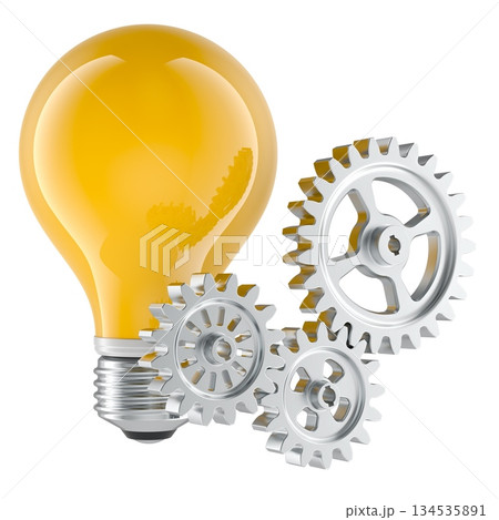 Innovation and engineering, concept. Yellow light bulb with metal gears. 3D rendering Innovation and engineering, concept. Yellow light bulb with metal gears. 3D rendering 134535891