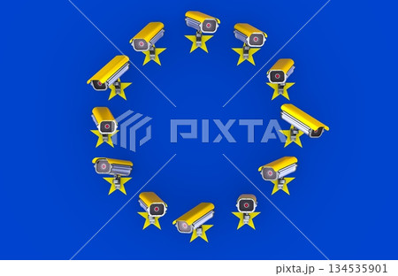Security cameras arranged like EU flag stars, 3D rendering 134535901