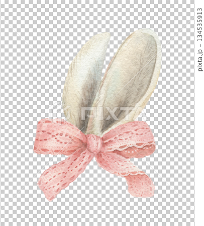 Easter bunny ears illustration with vintage pink bow in hand painted watercolor. Soft pink and white colors feels cute and festive. Ideal for spring poster template. Perfect for greeting card design. 134535913