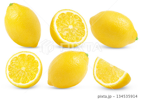 Whole lemon, slice of lemon and half of lemon with clipping path. Collection of lemons isolated. 134535914