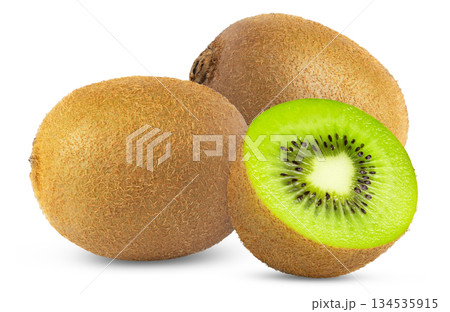 Whole ripe green kiwi fruit and half isolated. Two kiwis fruit and cut in half with clipping path. Whole ripe green kiwi fruit and half isolated. Two kiwis fruit and cut in half with clipping path. 134535915