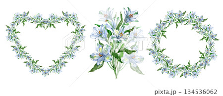 Watercolor collection of botanical wedding elements. Featuring a romantic heart-shaped floral wreath, a circular flower frame, and a lush bouquet of white lilies with green leaves in a soft, elegant 134536062