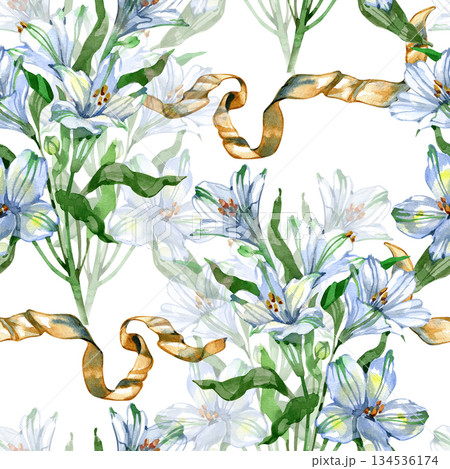 Seamless watercolor pattern featuring elegant blue alstroemeria lilies and flowing gold ribbons. This hand-painted botanical design showcases delicate flower bouquets and golden silk streamers on a 134536174