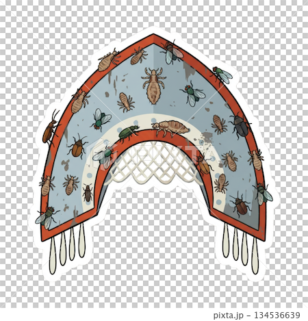 kokoshnik displays visible dirt and pests such as lice and flies. It shows signs of wear and neglect. This highlights the need for better care of cultural garments. 134536639