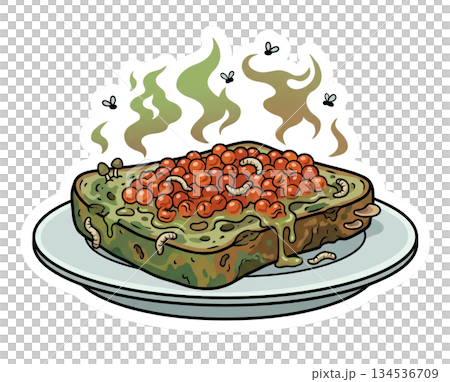 Food sits on a plate covered in mold and decay. Flies gather around the food and small worms crawl on the surface. The kitchen appears messy and unclean. 134536709