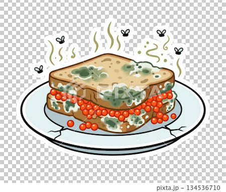 sandwich sits on a cracked plate in a kitchen. It is covered in green mold and has red bits underneath. Small flies are buzzing around the food indicating decay. sandwich sits on a cracked plate in a kitchen. It is covered in green mold and has red bits underneath. Small flies are buzzing around the food indicating decay. 134536710