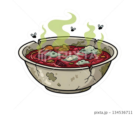 bowl holds food that has gone bad with visible mold and an unpleasant smell. Flies gather around the surface indicating decay. The bowl shows signs of age and damage. 134536711