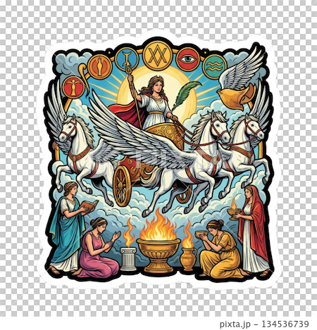 figure rides a chariot pulled by winged horses in the sky. Other figures are engaged in a ritual surrounded by symbols and flames. The scene suggests a moment of significance and activity. 134536739