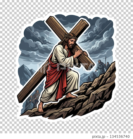 Jesus walks up a steep rocky path while carrying a large wooden cross. Dark clouds fill the sky and distant figures watch his difficult journey. The setting conveys a sense of struggle. 134536740