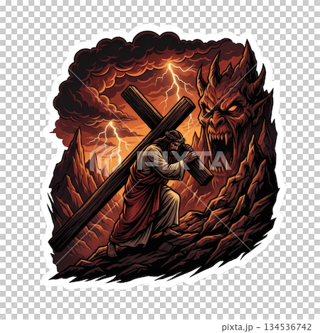 Jesus is shown struggling up a rocky path while carrying a heavy cross. A dark menacing figure looms in the background as lightning strikes in a stormy sky. Jesus is shown struggling up a rocky path while carrying a heavy cross. A dark menacing figure looms in the background as lightning strikes in a stormy sky. 134536742