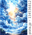 ルノルマン「雲」暗雲の切れ間から光が差し込む希望の水彩画イラスト2／チラシやポスター用素材 134536812