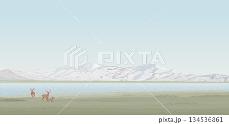 Minimalism countryside landscape spring season with deer pack, field, lake and mountain ranges graphic illustration have blank space at blue sky. Minimalism countryside landscape spring season with deer pack, field, lake and mountain ranges graphic illustration have blank space at blue sky. 134536861