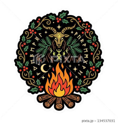 gathering takes place around a fire with decorations and symbols reflecting a seasonal festival. People enjoy traditional activities and festive atmosphere during winter. 134537031