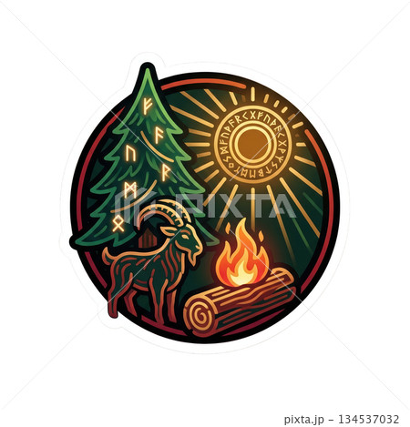 Gathering takes place outdoors during a seasonal festival. People enjoy a fire with a tree and a goat nearby. Sun shines brightly adding to the festive atmosphere. 134537032