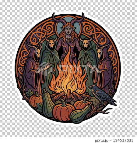 People gather around a large fire during a seasonal festival. Various vegetables are present and figures in costumes celebrate the autumn harvest together. People gather around a large fire during a seasonal festival. Various vegetables are present and figures in costumes celebrate the autumn harvest together. 134537033