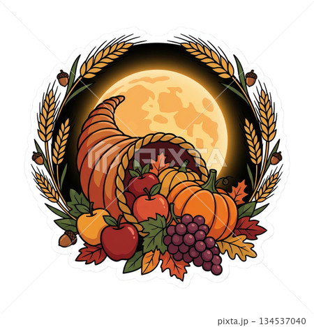 Cornucopia filled with fruits and vegetables is shown with leaves and a large moon in the background. This image represents seasonal celebrations and community gatherings. 134537040