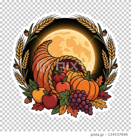 Cornucopia filled with fruits and vegetables is shown with leaves and a large moon in the background. This image represents seasonal celebrations and community gatherings. Cornucopia filled with fruits and vegetables is shown with leaves and a large moon in the background. This image represents seasonal celebrations and community gatherings. 134537040