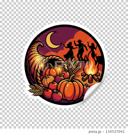People dance joyfully around a campfire in the evening. A cornucopia filled with pumpkins and apples rests nearby. The scene reflects the spirit of harvest festivals in autumn. People dance joyfully around a campfire in the evening. A cornucopia filled with pumpkins and apples rests nearby. The scene reflects the spirit of harvest festivals in autumn. 134537041