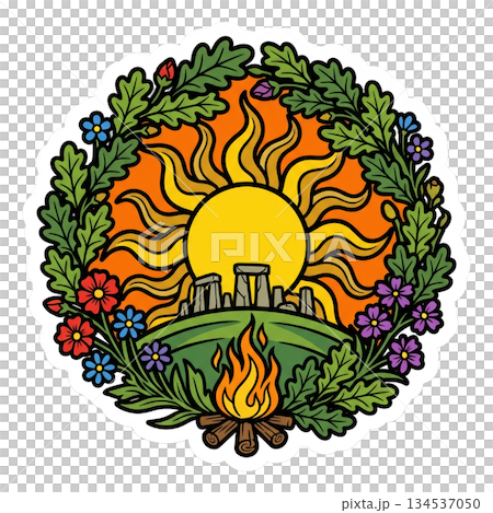 vibrant garden hosts a seasonal festival featuring a bright sun colorful flowers and a stone structure on a green hill. A campfire adds warmth to the scene celebrating nature. vibrant garden hosts a seasonal festival featuring a bright sun colorful flowers and a stone structure on a green hill. A campfire adds warmth to the scene celebrating nature. 134537050