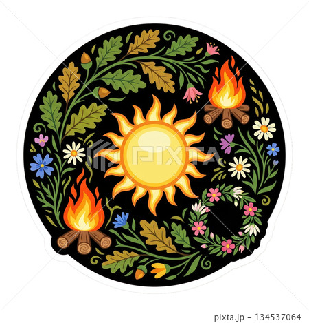 People gather at seasonal festivals to celebrate nature. They enjoy flowers sun symbols and bonfires that light up warm summer nights in joyful gatherings. 134537064