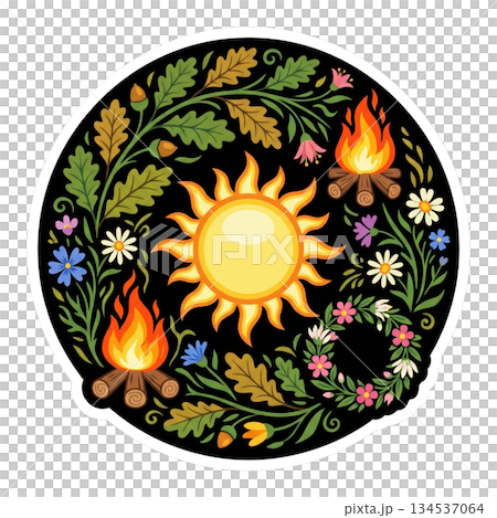 People gather at seasonal festivals to celebrate nature. They enjoy flowers sun symbols and bonfires that light up warm summer nights in joyful gatherings. People gather at seasonal festivals to celebrate nature. They enjoy flowers sun symbols and bonfires that light up warm summer nights in joyful gatherings. 134537064