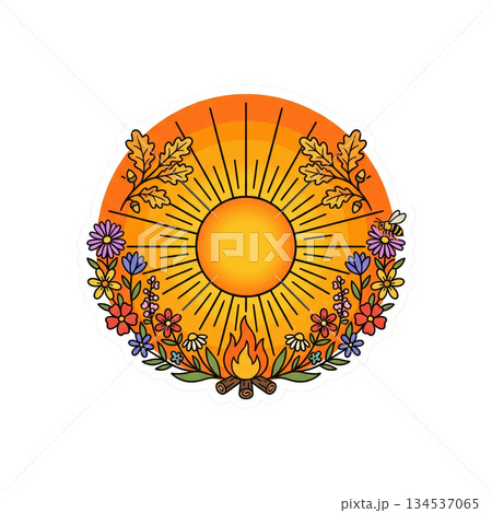 gathering occurs during seasonal festivals with a large sun design surrounded by flowers. People enjoy the festivities near a fire and appreciate nature's beauty. 134537065