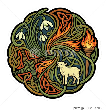 detailed design features flowers flames and a sheep representing a seasonal festival. This artwork reflects springtime themes and cultural traditions linked to renewal and celebration. 134537066