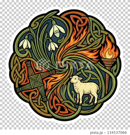 detailed design features flowers flames and a sheep representing a seasonal festival. This artwork reflects springtime themes and cultural traditions linked to renewal and celebration. detailed design features flowers flames and a sheep representing a seasonal festival. This artwork reflects springtime themes and cultural traditions linked to renewal and celebration. 134537066