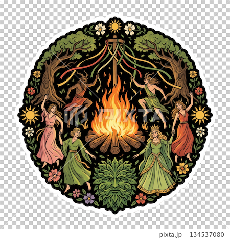 People gather to celebrate a seasonal festival with dancing around a fire. Colorful ribbons hang from trees as figures in costumes enjoy the festive atmosphere. People gather to celebrate a seasonal festival with dancing around a fire. Colorful ribbons hang from trees as figures in costumes enjoy the festive atmosphere. 134537080
