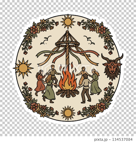 group of people dance in a circle around a large fire during a seasonal festival. Colorful decorations and a festive atmosphere surround the joyful event. group of people dance in a circle around a large fire during a seasonal festival. Colorful decorations and a festive atmosphere surround the joyful event. 134537084